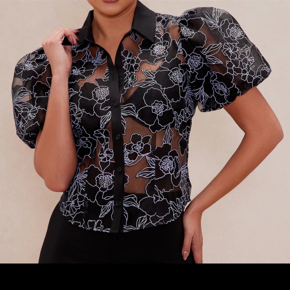 Floral Sheer Black Embroidered Blouse